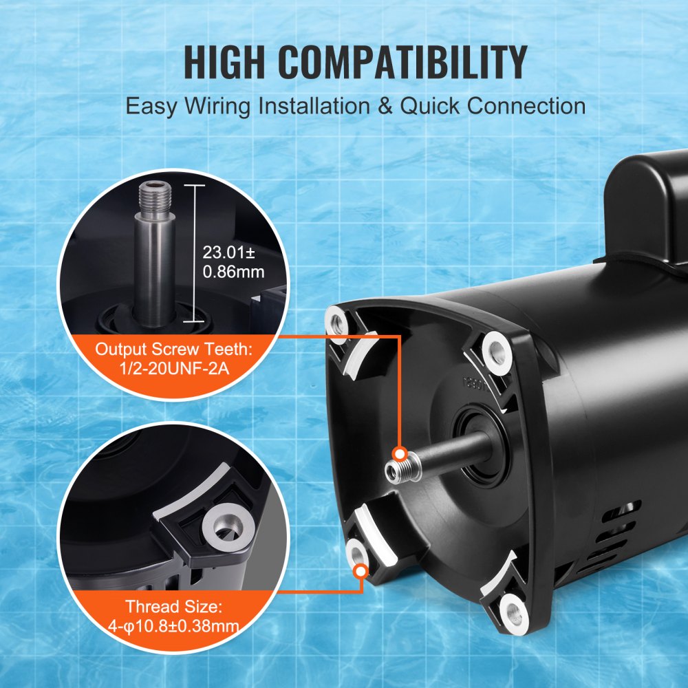 2HP pool pump motor with 56Y frame, 230V, 3450 RPM, threaded shaft, and mounting holes.