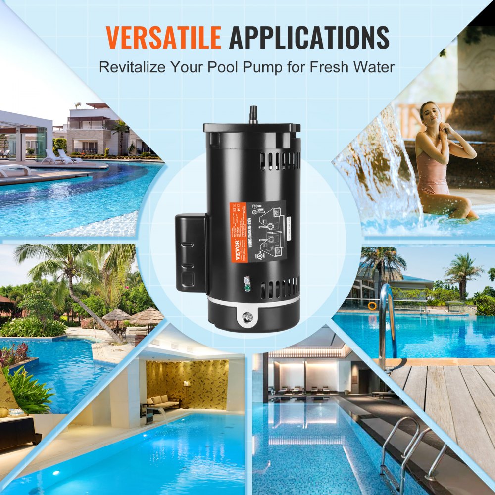 Bostome 2HP pool pump motor with 56Y frame, black cylindrical housing, and mounting base.