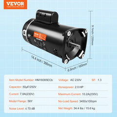 Black 2HP pool pump motor with 56Y frame, 230V, 3450 RPM, and dimensions shown.