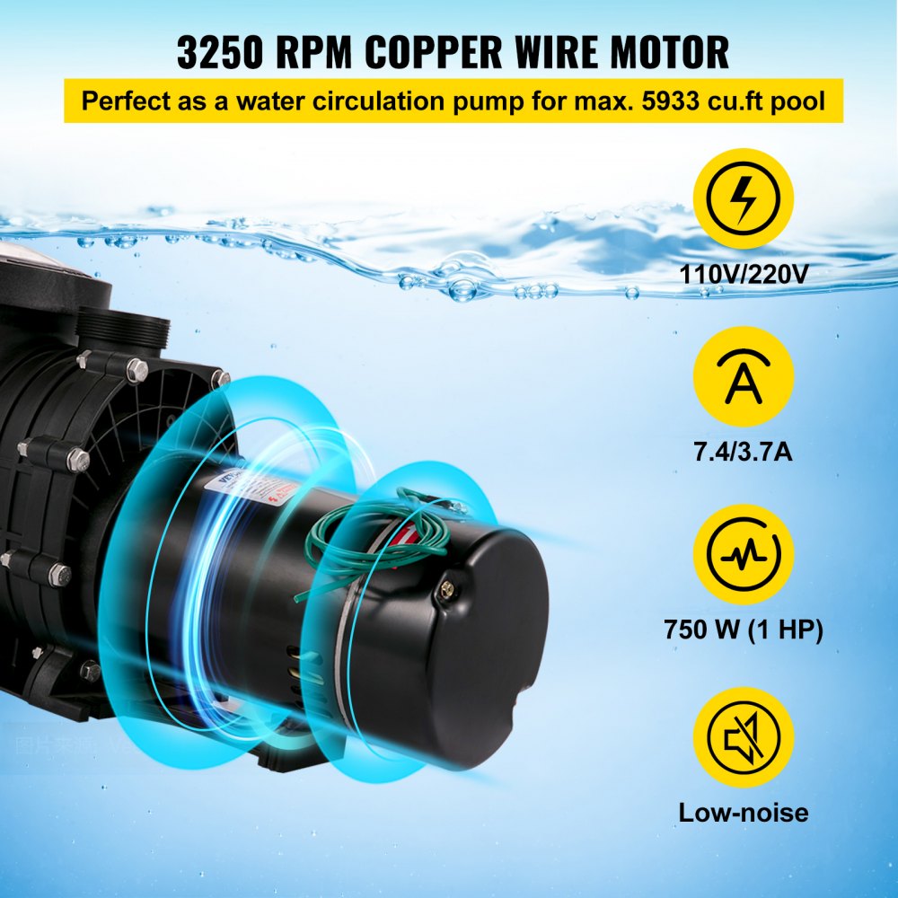 Swimming Pool Pump 1HP, Dual Voltage 110V 220V, 5544GPH, Powerful Pump for Above Ground Pool Water Circulation, with Strainer Basket, 2pcs 1-1/2`` NPT Connectors Tested to UL Standards