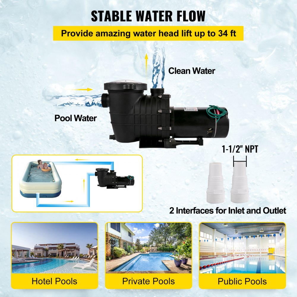 Swimming Pool Pump 1HP, Dual Voltage 110V 220V, 5544GPH, Powerful Pump for Above Ground Pool Water Circulation, with Strainer Basket, 2pcs 1-1/2`` NPT Connectors Tested to UL Standards