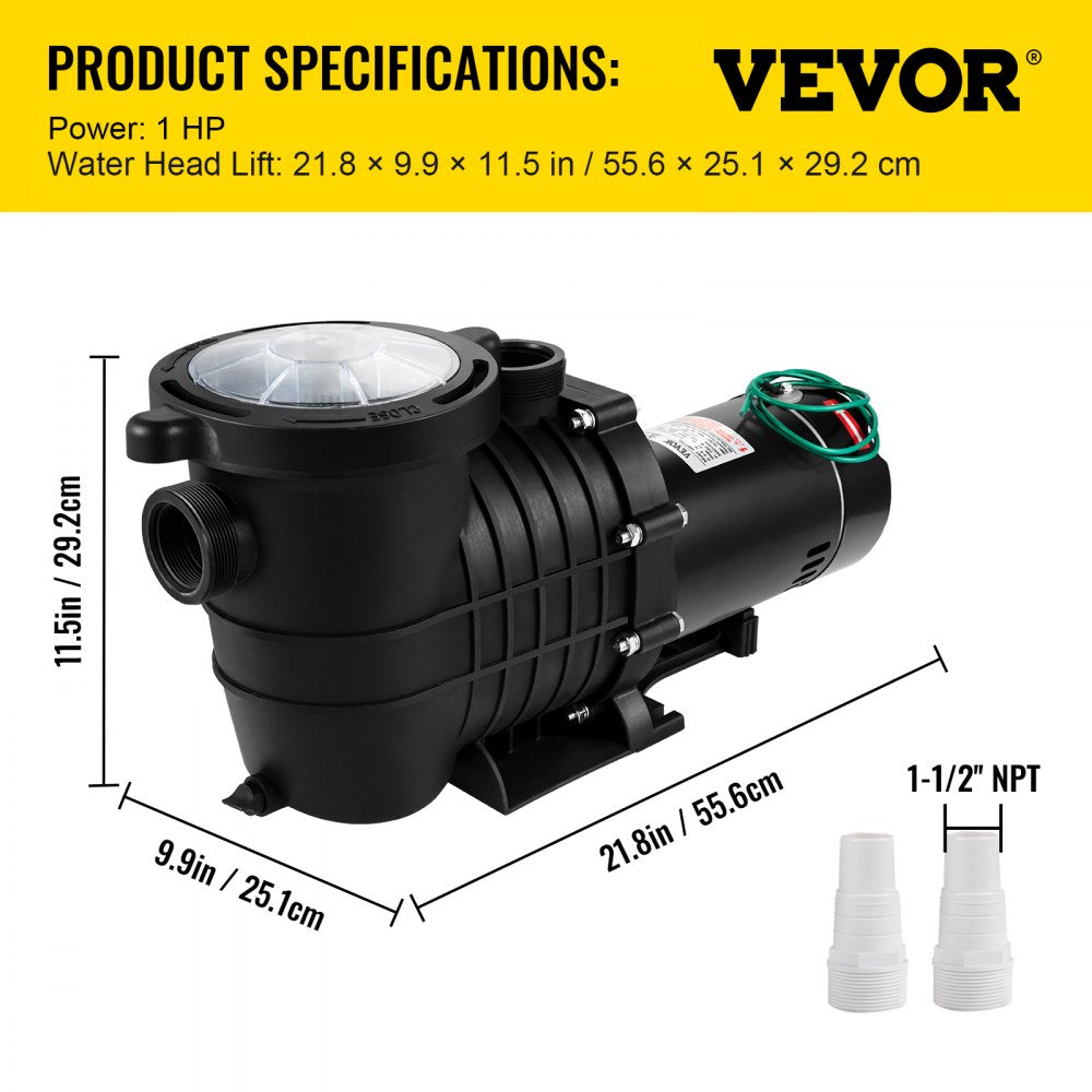 Swimming Pool Pump 1HP, Dual Voltage 110V 220V, 5544GPH, Powerful Pump for Above Ground Pool Water Circulation, with Strainer Basket, 2pcs 1-1/2`` NPT Connectors Tested to UL Standards