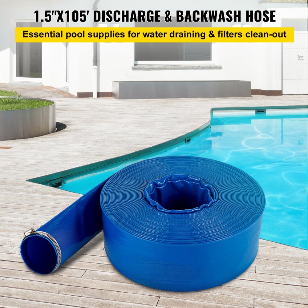 A blue PVC lay-flat discharge hose, 1.5 inches by 105 feet, coiled near a pool.