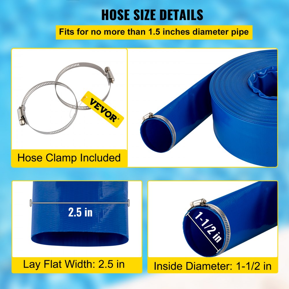 Blue PVC lay flat discharge hose, 1-1/2 inch diameter, 105 feet long, with stainless steel clamps.