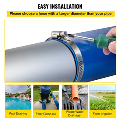Blue PVC lay flat discharge hose with stainless steel clamps installed on a pipe.