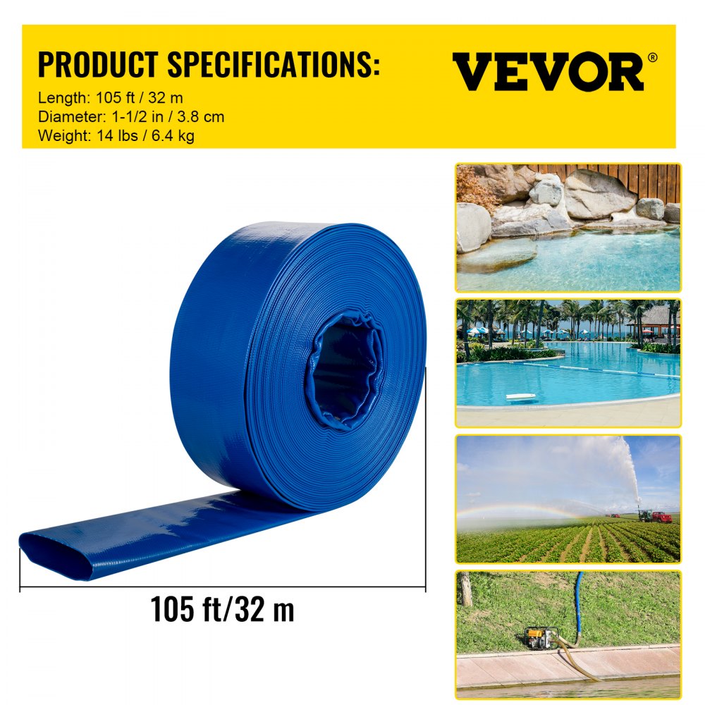 Blue 1-1/2 inch diameter PVC lay flat discharge hose, 105 feet long, shown coiled with specs.