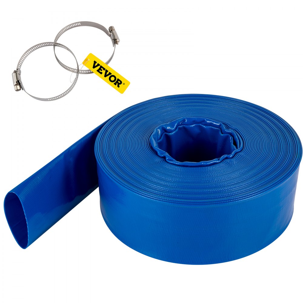 Blue 1-1/2 inch PVC lay flat discharge hose, 105 feet long, with two stainless clamps.