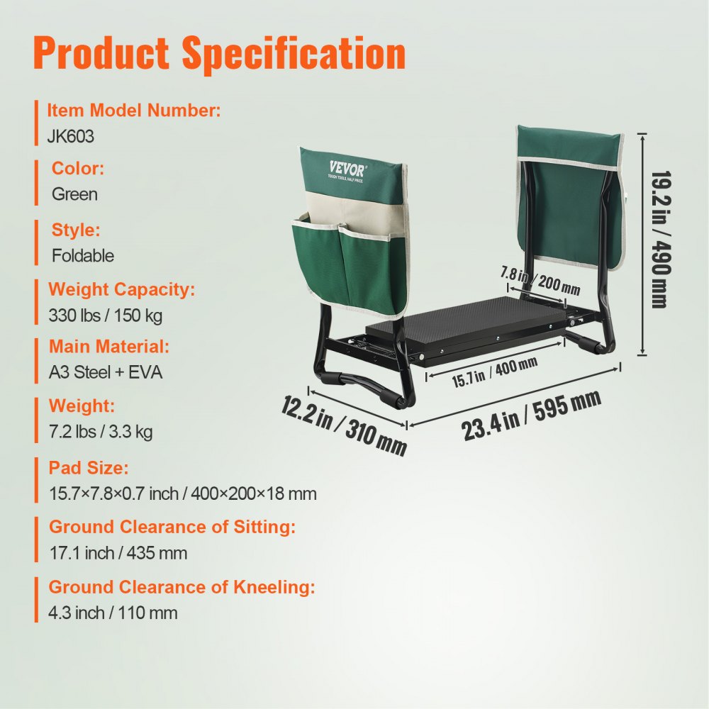 Garden Kneeler and Seat, 330 lbs Load Capacity, 8" EVA Wide Pad, Foldable Garden Stool, Kneeling Bench for Gardening with Tool Bag, Gifts for Women, Grandparents, Seniors, Mom and Dad