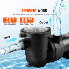 Above Ground Pool Pump, 1HP, 80 GPM Max. Flow Single Speed Swimming Pool Pump, 120V 3450 RPM 36 ft Max. Head Lift Pool Pump with Filter Basket, for Above Ground Pools Hot Tubs Spas,Tested to UL Standards