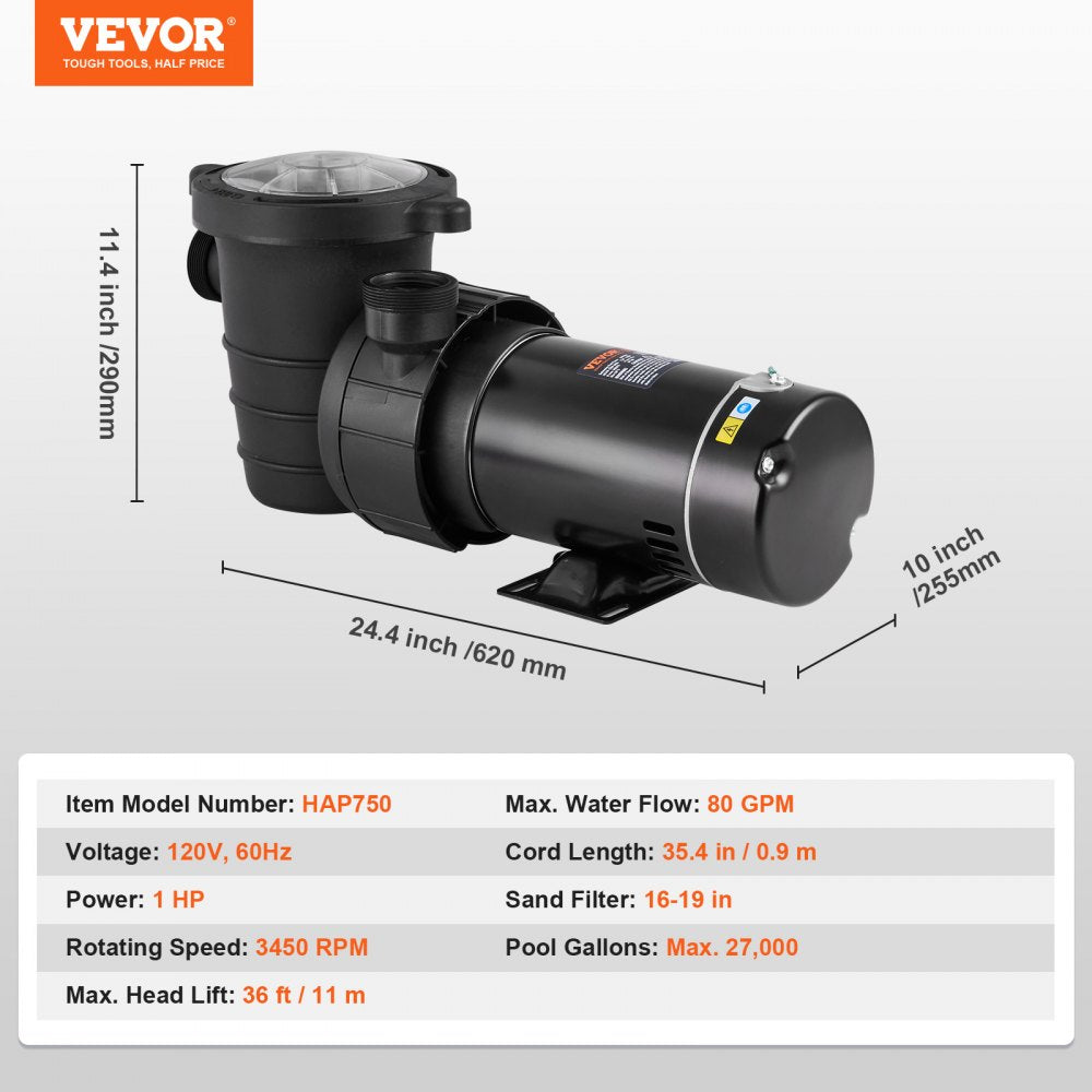 Above Ground Pool Pump, 1HP, 80 GPM Max. Flow Single Speed Swimming Pool Pump, 120V 3450 RPM 36 ft Max. Head Lift Pool Pump with Filter Basket, for Above Ground Pools Hot Tubs Spas,Tested to UL Standards