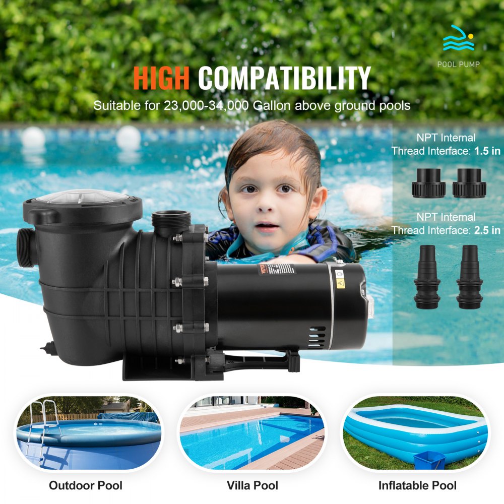 Above Ground Pool Pump, 1.5 HP, 100 GPM Single Speed Swimming Pool Pump, 110V/240V 3450 RPM 50.9 ft Max Head Pool Pump with Filter Basket, for Above Ground Pools Hot Tubs Spas,Tested to UL Standards