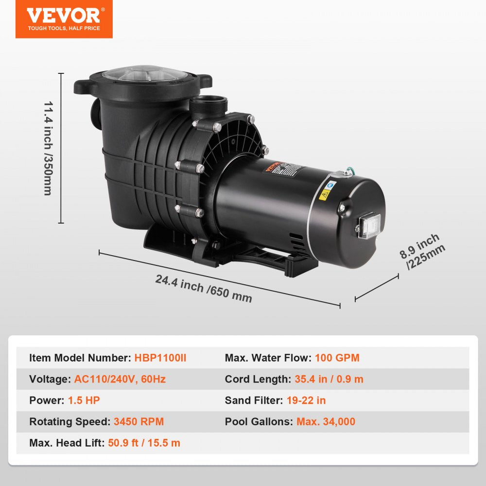 Above Ground Pool Pump, 1.5 HP, 100 GPM Single Speed Swimming Pool Pump, 110V/240V 3450 RPM 50.9 ft Max Head Pool Pump with Filter Basket, for Above Ground Pools Hot Tubs Spas,Tested to UL Standards