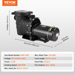 Above Ground Pool Pump, 1.5 HP, 100 GPM Single Speed Swimming Pool Pump, 110V/240V 3450 RPM 50.9 ft Max Head Pool Pump with Filter Basket, for Above Ground Pools Hot Tubs Spas,Tested to UL Standards
