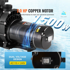 Above Ground Pool Pump, 2 HP, 110 GPM Max Flow Single Speed Swimming Pool Pump, 110V/240V 3450 RPM 59 ft Max Head Pool Pump with Filter Basket, for Above Ground Pools Hot Tubs Spas