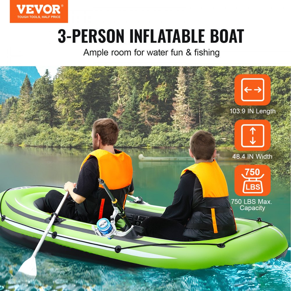Inflatable Boat, 3-Person Inflatable Fishing Boat, Strong PVC Portable Boat Raft Kayak, 45.6" Aluminum Oars, High-Output Pump, Fishing Rod Holders, and 2 Seats, 750 lb Capacity for Adults, Kids