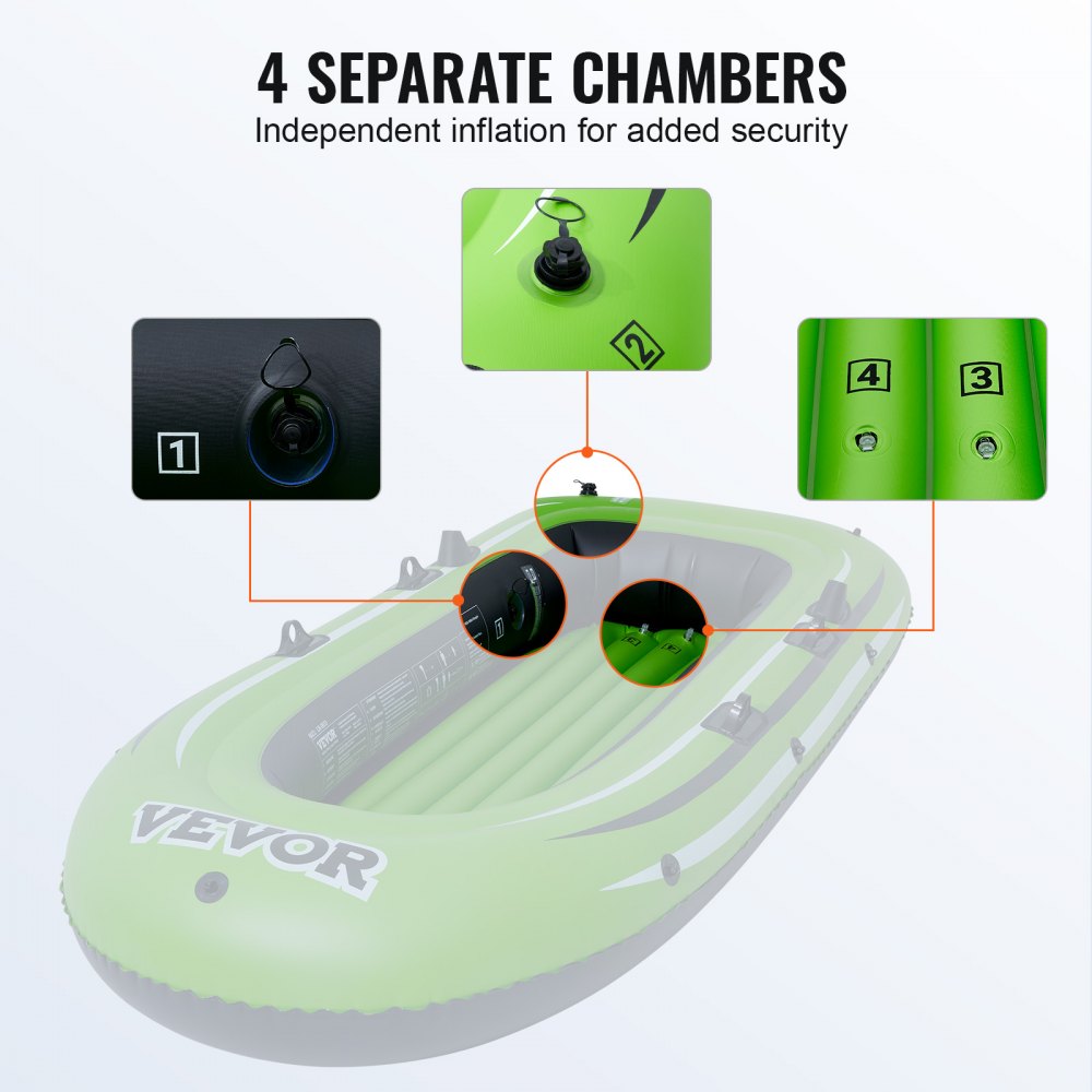 Inflatable Boat, 3-Person Inflatable Fishing Boat, Strong PVC Portable Boat Raft Kayak, 45.6" Aluminum Oars, High-Output Pump, Fishing Rod Holders, and 2 Seats, 750 lb Capacity for Adults, Kids