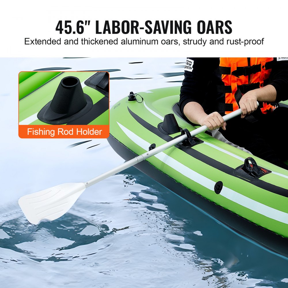 Inflatable Boat, 3-Person Inflatable Fishing Boat, Strong PVC Portable Boat Raft Kayak, 45.6" Aluminum Oars, High-Output Pump, Fishing Rod Holders, and 2 Seats, 750 lb Capacity for Adults, Kids