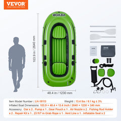 Inflatable Boat, 3-Person Inflatable Fishing Boat, Strong PVC Portable Boat Raft Kayak, 45.6" Aluminum Oars, High-Output Pump, Fishing Rod Holders, and 2 Seats, 750 lb Capacity for Adults, Kids