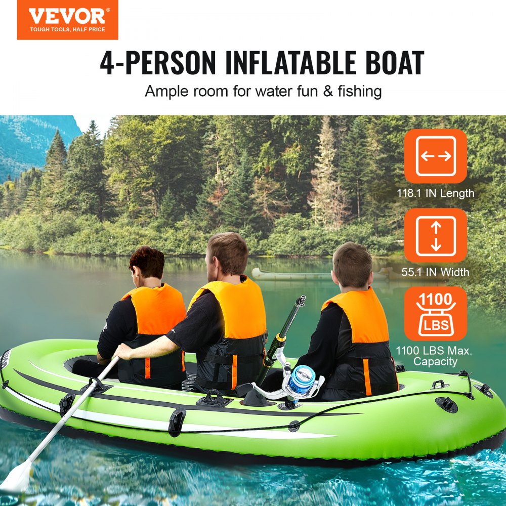 Inflatable Boat, 4-Person Inflatable Fishing Boat, Strong PVC Portable Boat Raft Kayak, 45.6" Aluminum Oars, High-Output Pump, Fishing Rod Holders, and 2 Seats, 1100 lb Capacity for Adults, Kids