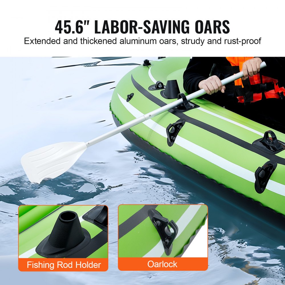 Inflatable Boat, 5-Person Inflatable Fishing Boat, Strong PVC Portable Boat Raft Kayak, 45.6" Aluminum Oars, High-Output Pump, Fishing Rod Holders, and 2 Seats, 1100 lb Capacity for Adults, Kids
