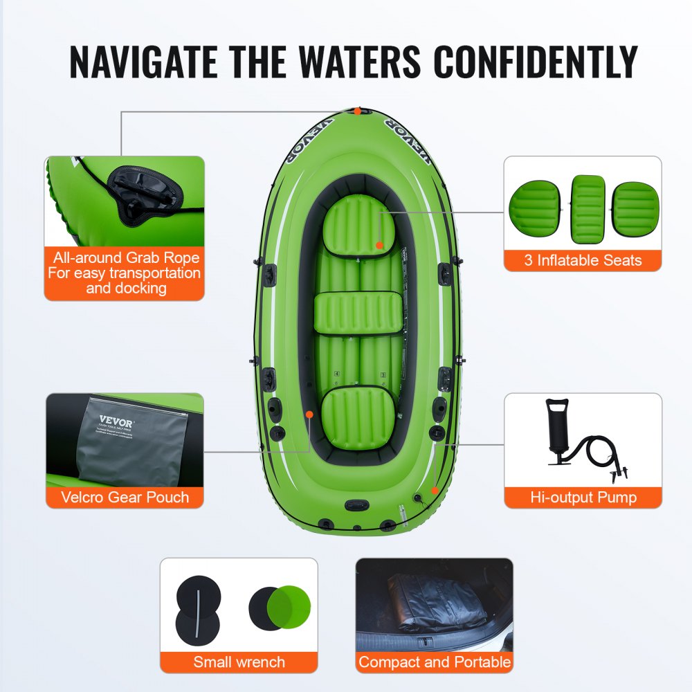 Inflatable Boat, 5-Person Inflatable Fishing Boat, Strong PVC Portable Boat Raft Kayak, 45.6" Aluminum Oars, High-Output Pump, Fishing Rod Holders, and 2 Seats, 1100 lb Capacity for Adults, Kids