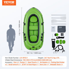 Inflatable Boat, 5-Person Inflatable Fishing Boat, Strong PVC Portable Boat Raft Kayak, 45.6" Aluminum Oars, High-Output Pump, Fishing Rod Holders, and 2 Seats, 1100 lb Capacity for Adults, Kids