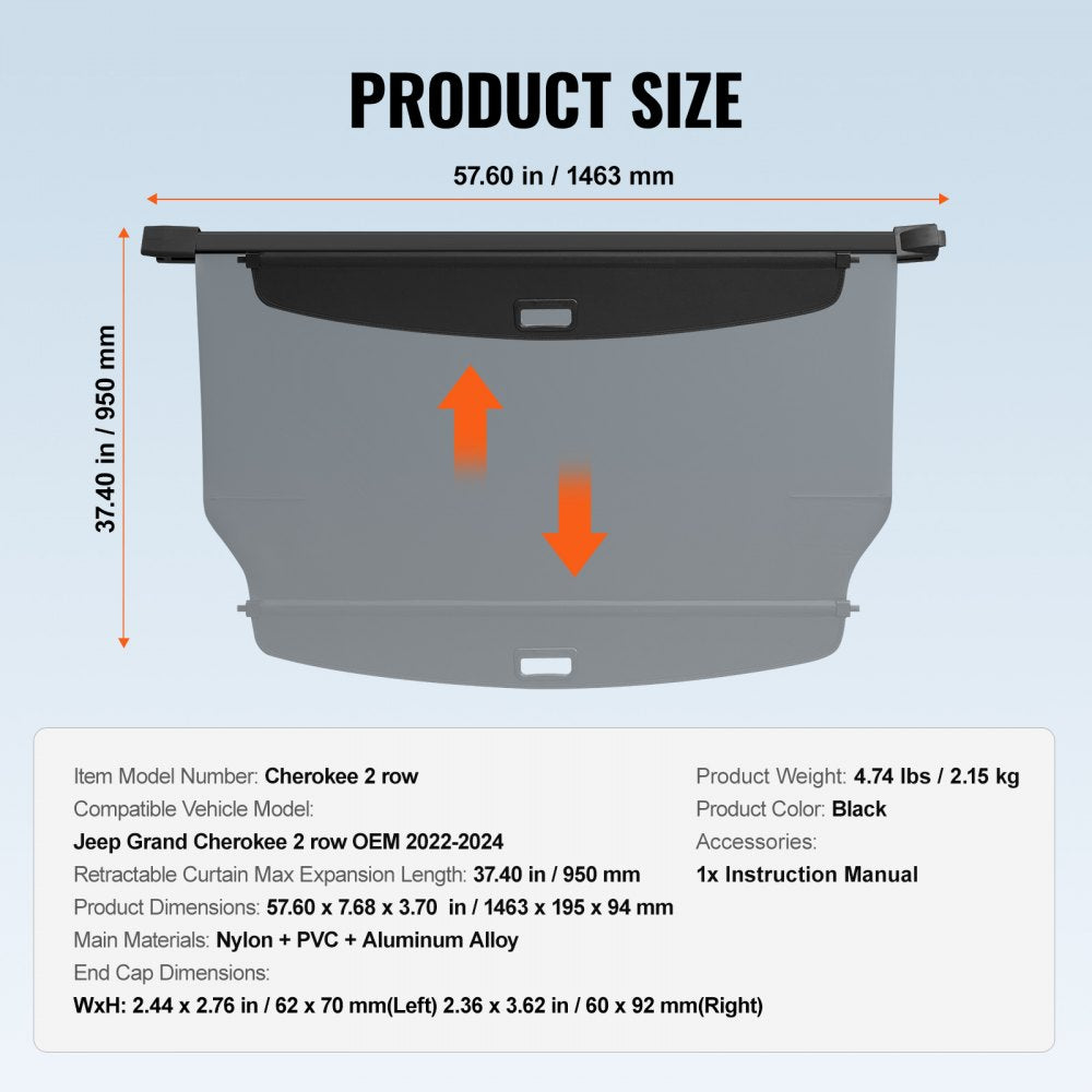 Retractable Cargo Cover for Jeep Grand Cherokee 2 Row 2022-2024 OEM Design
