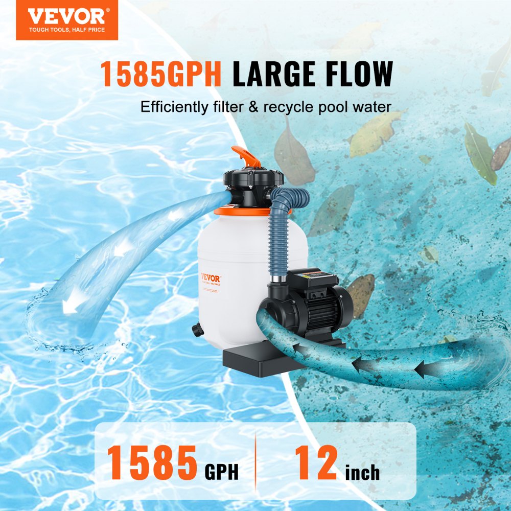 Sand Filter Pump for Above Ground Pools, 12-inch, 1585 GPH, 0.35 HP Swimming Pool Pumps System & Filters Combo Set with 5-Way Multi-Port Valve & Pressure Gauge, for Domestic and Commercial Pools