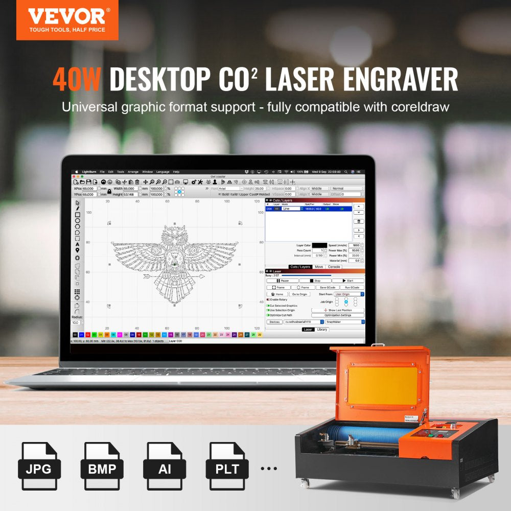 40W CO2 desktop laser engraver with 12x8 inch work area and software interface.