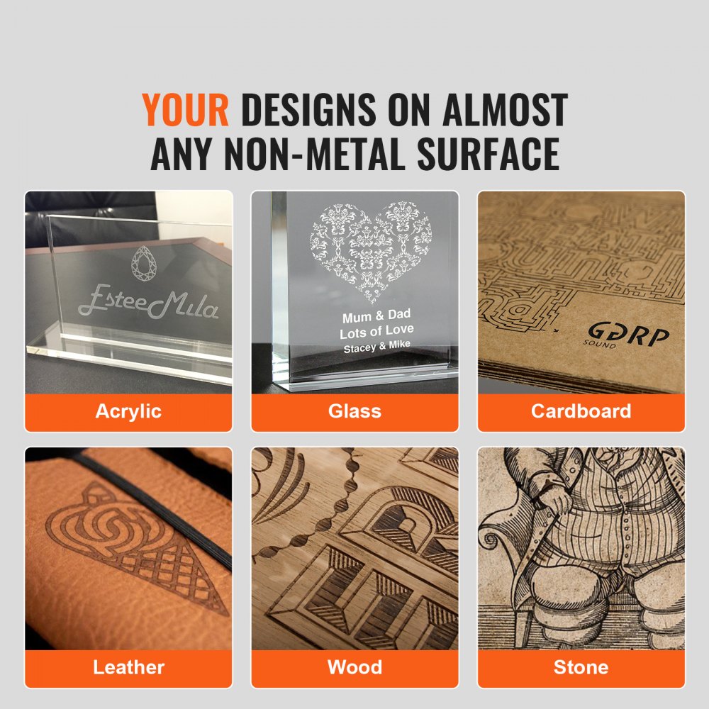 Bostome 40W CO2 desktop laser engraver with 12x8 inch work area, shown engraving designs on acrylic, glass, cardboard, leather, wood, and stone.