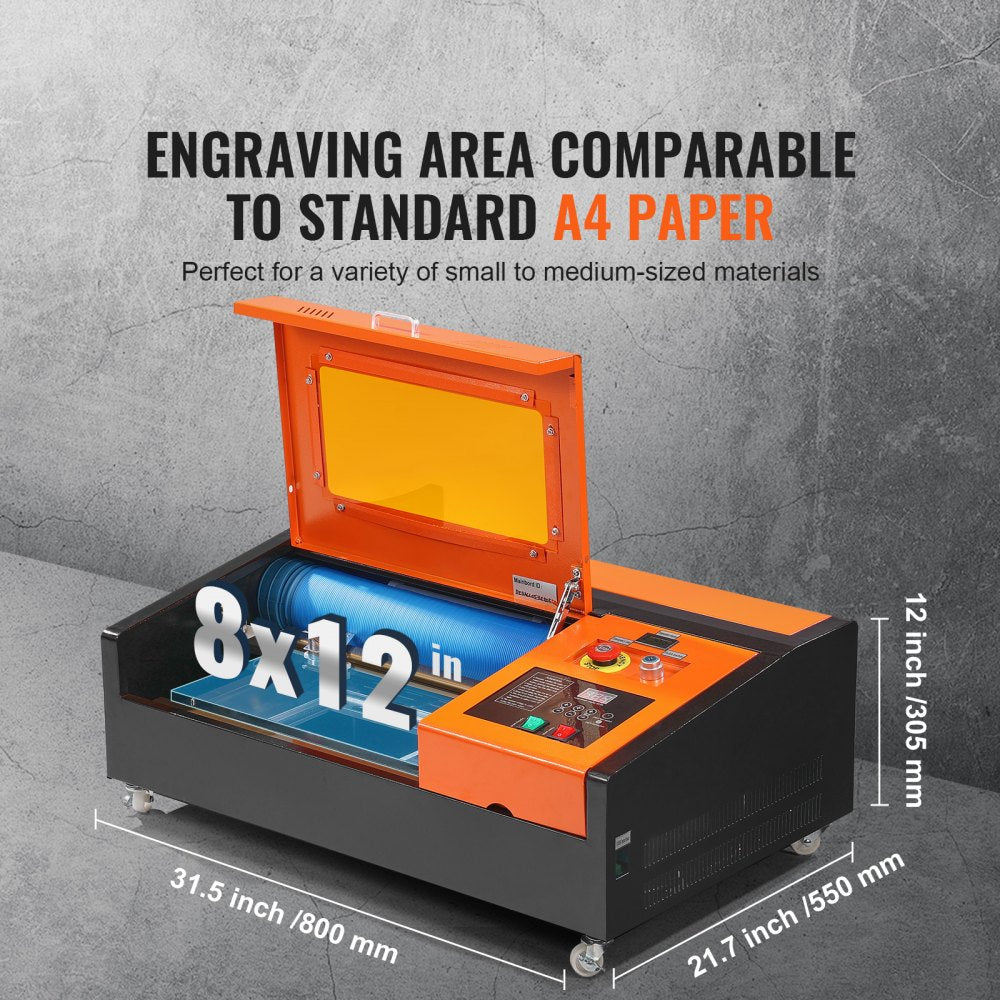 Bostome 40W CO2 laser engraver with open orange lid and 12x8 inch work area shown with dimensions.