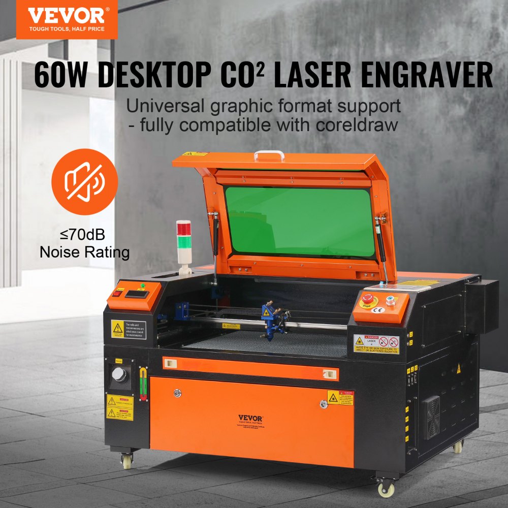 Orange 60W CO2 laser engraver with open green lid, digital controls, and 16x24in work area.