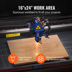 Blue 60W CO2 laser engraver on 16x24in honeycomb wood bed with precision head.