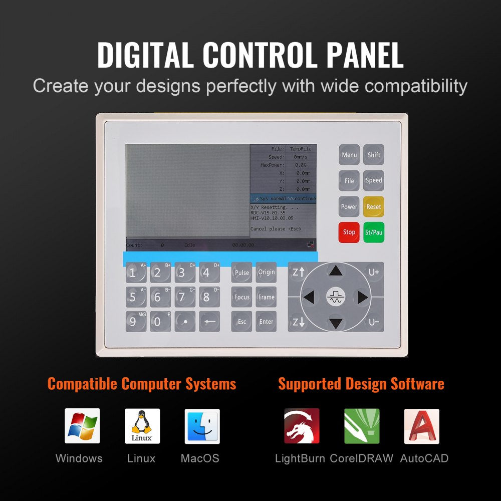 Digital control panel for Bostome 60W CO2 laser engraver compatible with multiple OS and software.