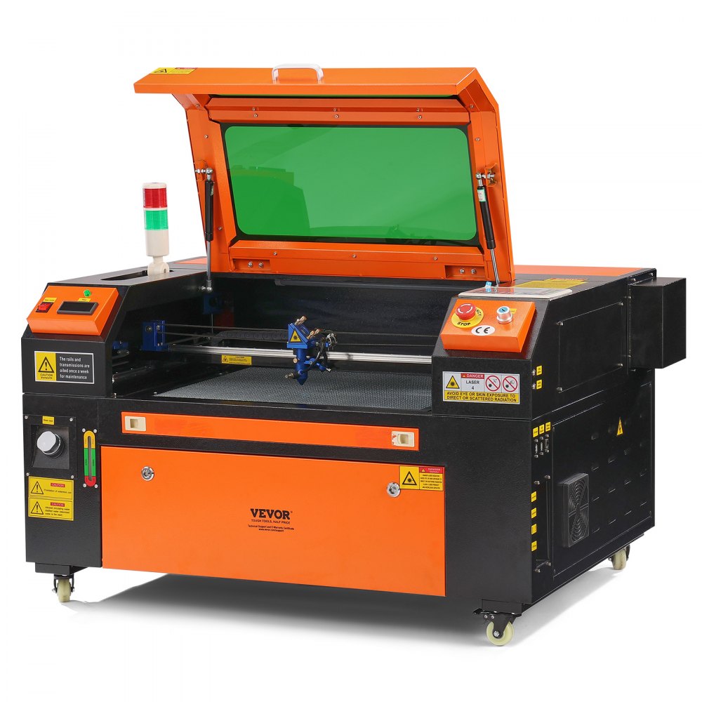 Orange Bostome 60W CO2 laser engraver cutter with open lid, green viewing window, and control panel.