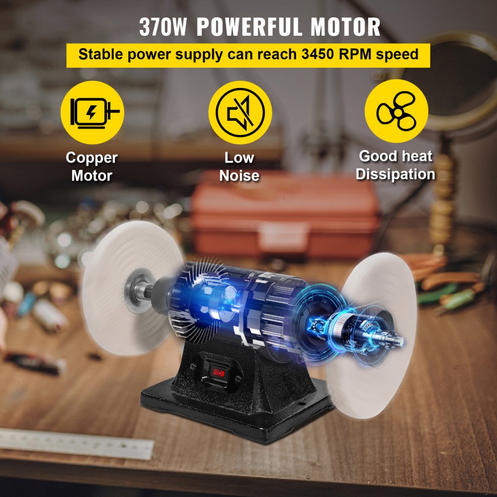8-inch bench buffer polisher with 370W motor, dual cotton wheels, and 3450 RPM speed.
