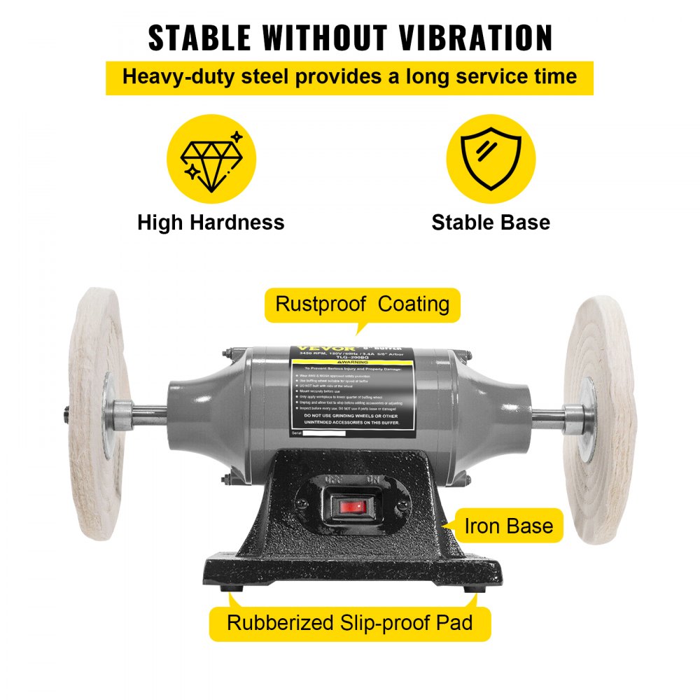 Gray 8-inch bench buffer polisher with dual cotton wheels, cast-iron base, and rubber feet.