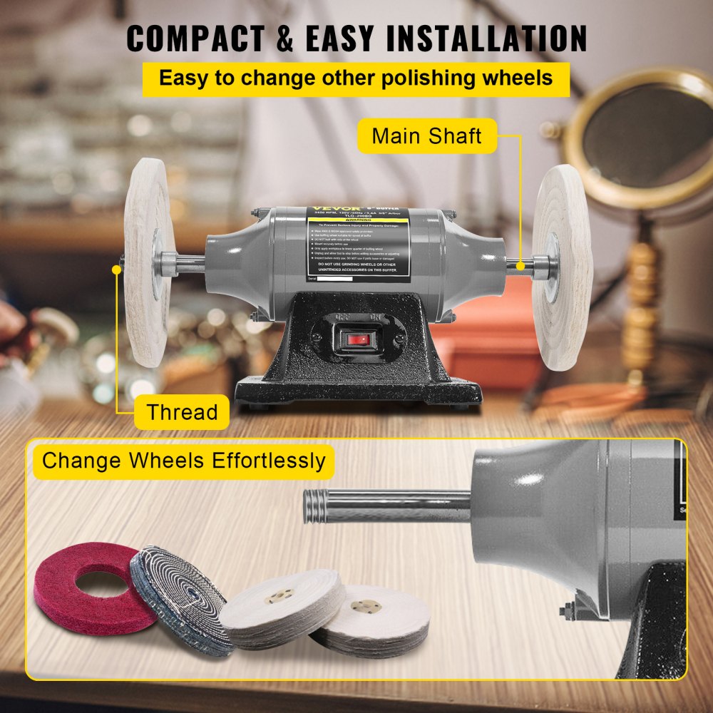 8-inch bench buffer polisher with 370W motor, 3450 RPM, dual cotton wheels, and quick-change spindle.