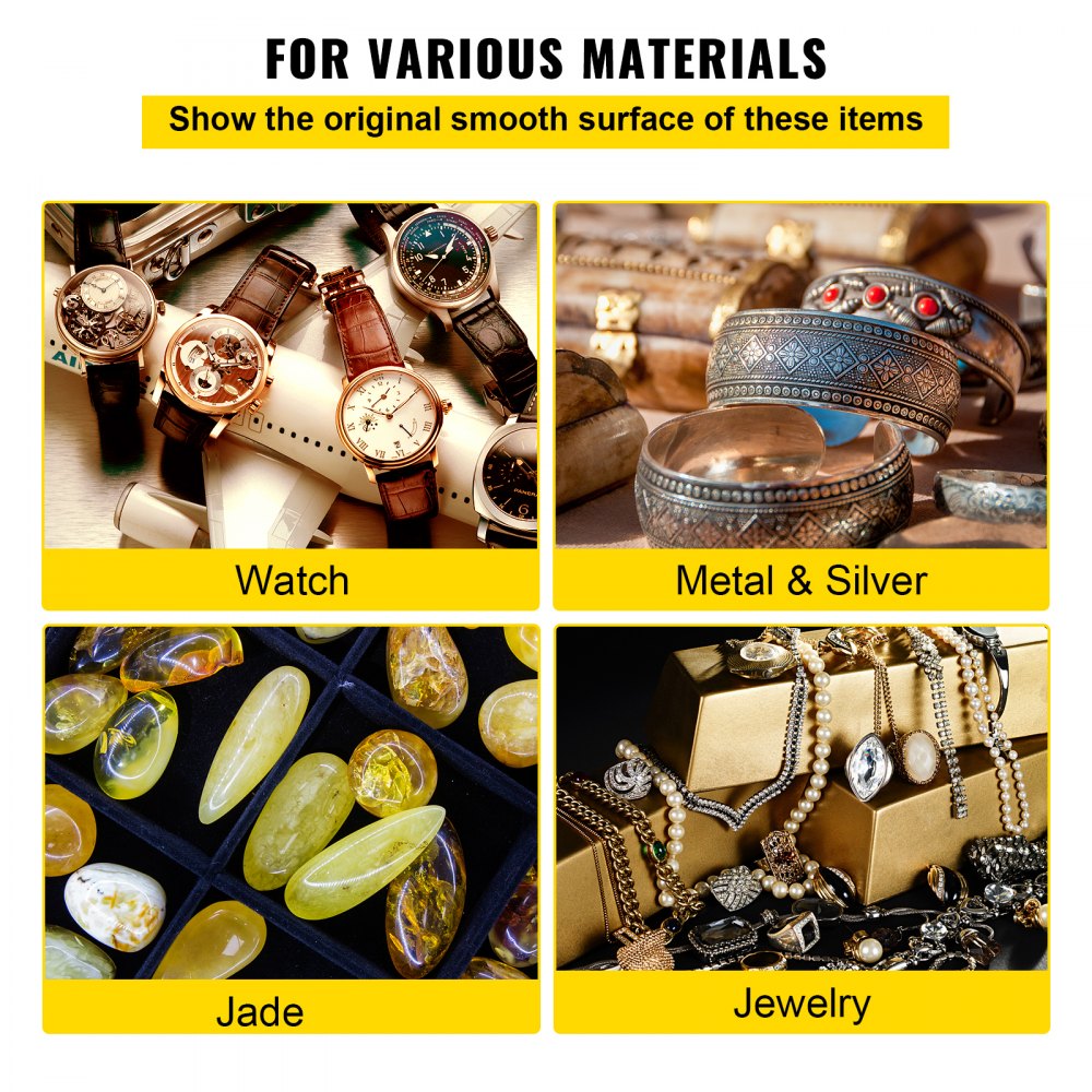 Collage showing smooth surfaces of watches, metal jewelry, jade, and silver items.