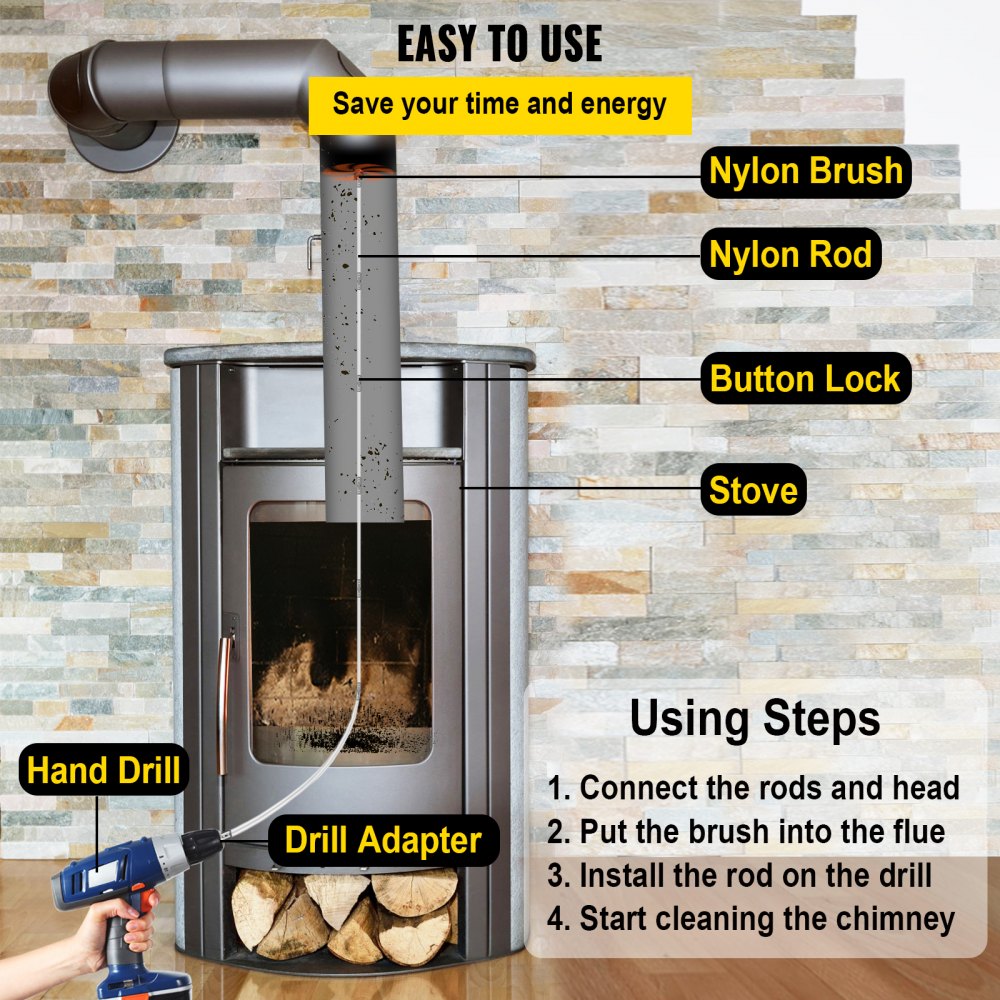 Chimney Sweep Kit 33FT Length, Chimney Brush Kit with 10 Nylon Flexible Rods and 2 Brush Head, Rotary Chimney Cleaning Kit Driven by Drill, Chimney Brush Rod Kit for Cleaning Fireplace