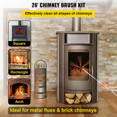 Chimney Sweep Kit 26FT Length, Chimney Brush Kit with 8 Nylon Flexible Rods and 2 Brush Head, Rotary Chimney Cleaning Kit Driven by Drill, Chimney Cleaning Tool Kits for Sweeping Fireplace
