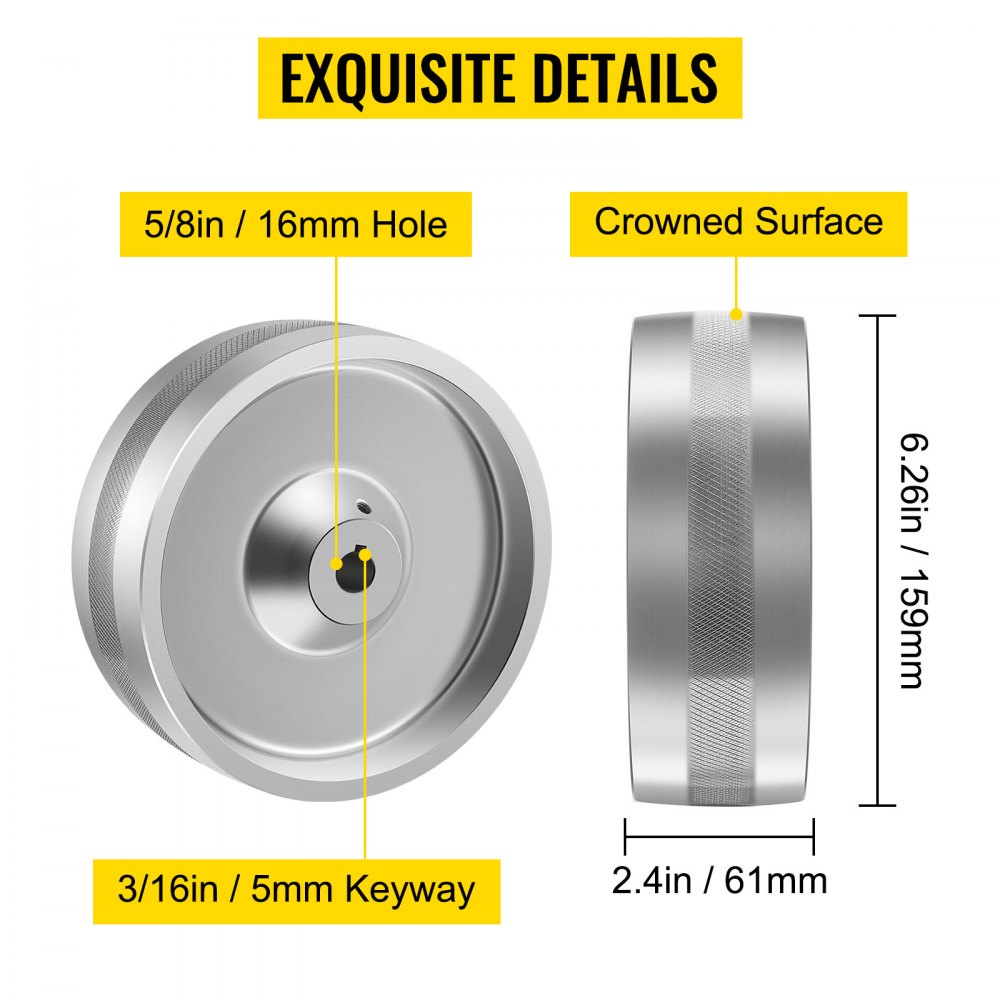 Side view of 6-inch aluminum drive wheel with 5/8-inch bore, 3/16-inch keyway, and crowned surface.
