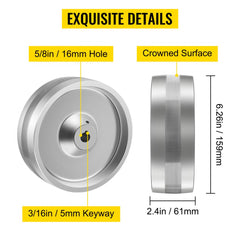 Side view of 6-inch aluminum drive wheel with 5/8-inch bore, 3/16-inch keyway, and crowned surface.