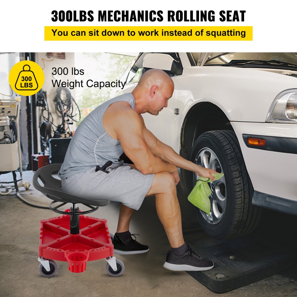 Rolling Garage Stool, 300LBS Capacity, Adjustable Height from 18 in to 23 in, 360-degree Swivel Wheels (4"), Large Tool Tray with Two Bottle Holder, for Workshop, Auto Repair Shop, Red