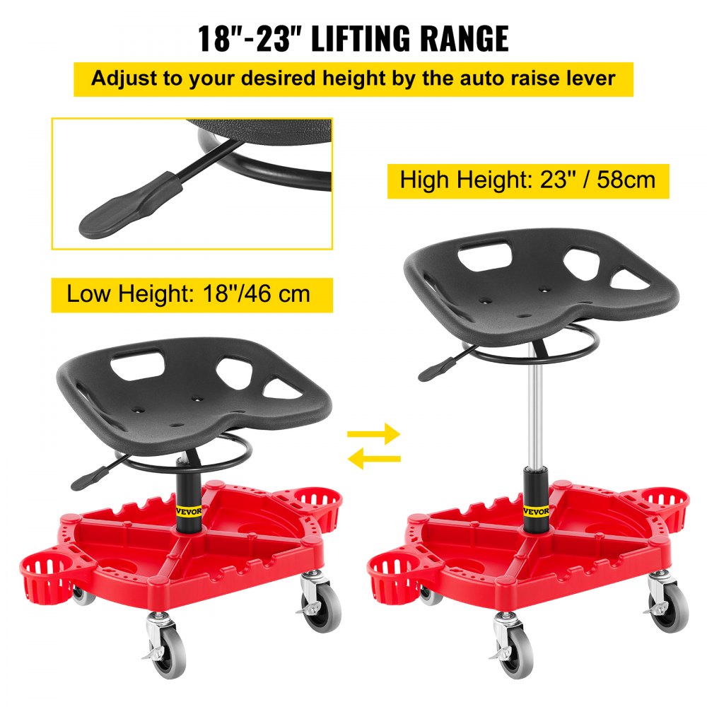Rolling Garage Stool, 300LBS Capacity, Adjustable Height from 18 in to 23 in, 360-degree Swivel Wheels (4"), Large Tool Tray with Two Bottle Holder, for Workshop, Auto Repair Shop, Red