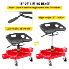 Rolling Garage Stool, 300LBS Capacity, Adjustable Height from 18 in to 23 in, 360-degree Swivel Wheels (4"), Large Tool Tray with Two Bottle Holder, for Workshop, Auto Repair Shop, Red