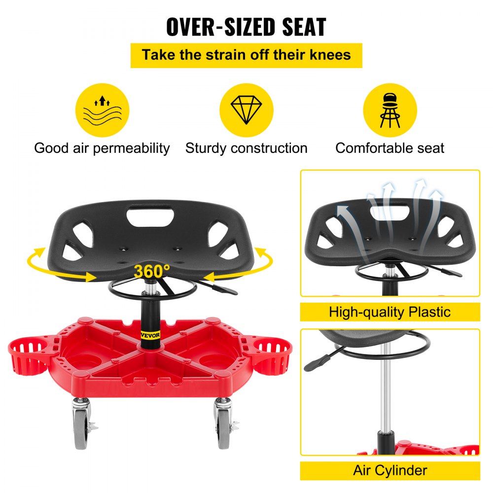 Rolling Garage Stool, 300LBS Capacity, Adjustable Height from 18 in to 23 in, 360-degree Swivel Wheels (4"), Large Tool Tray with Two Bottle Holder, for Workshop, Auto Repair Shop, Red
