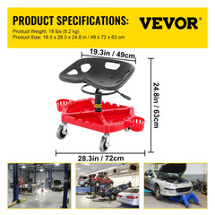 Rolling Garage Stool, 300LBS Capacity, Adjustable Height from 18 in to 23 in, 360-degree Swivel Wheels (4"), Large Tool Tray with Two Bottle Holder, for Workshop, Auto Repair Shop, Red