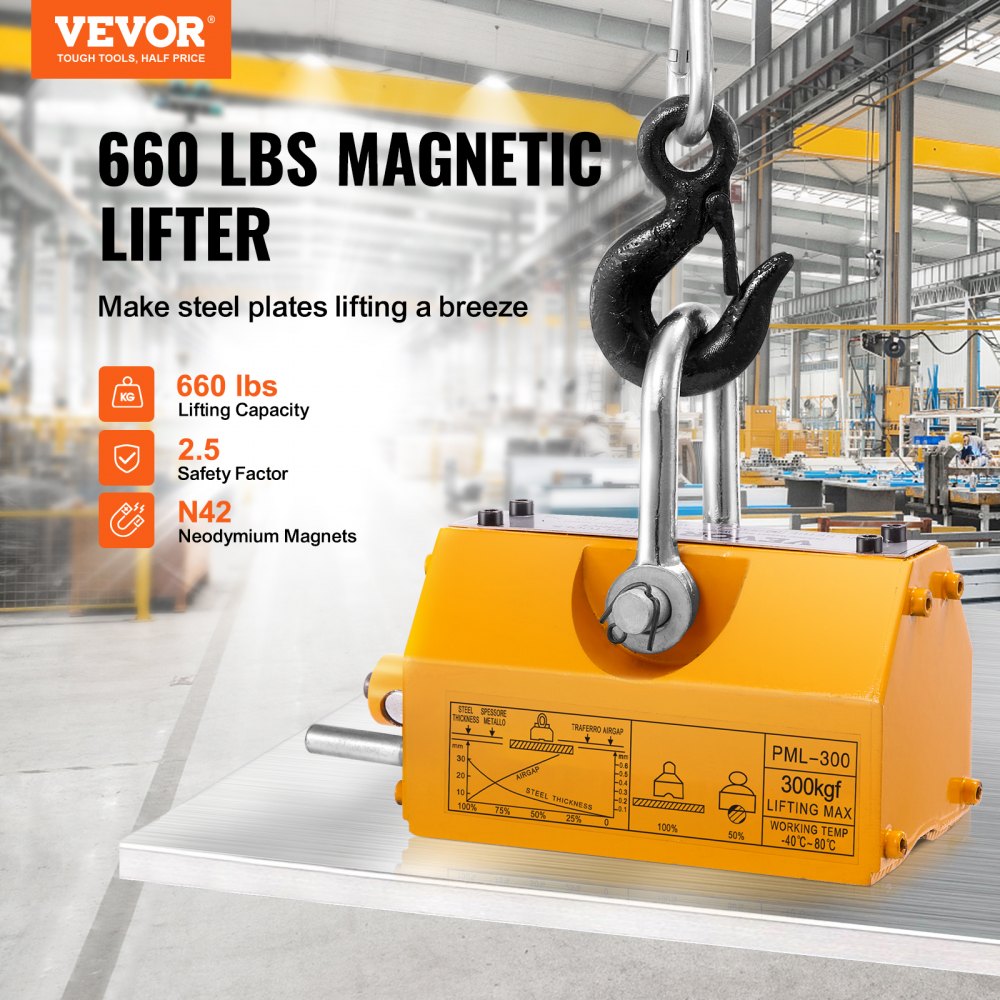 Magnetic Lifter, 660 lbs/300 kg Pulling Capacity, 2.5 Safety Factor, Neodymium & Steel, Lifting Magnet with Release, Permanent Lift Magnets, Heavy Duty Magnet for Hoist, Shop Crane, Block, Board