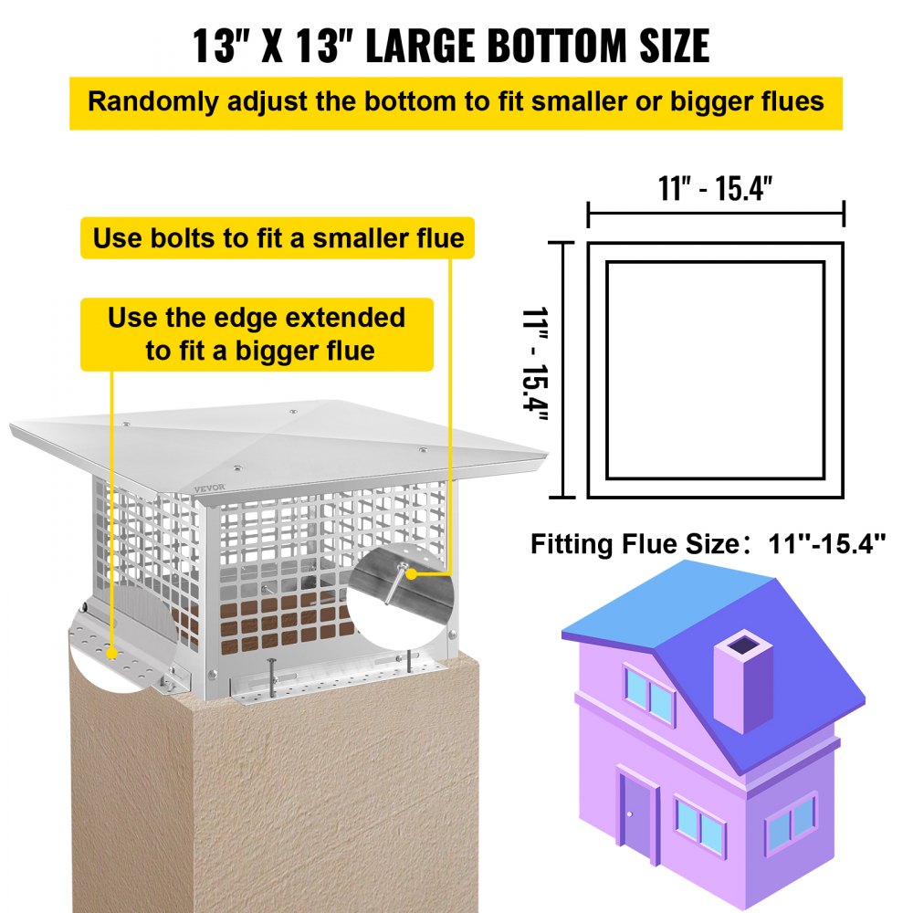 Chimney Cap, 13" x 13" Flue Caps, 304 Stainless Steel Fireplace Chimney Cover, Adjustable Metal Spark Arrestor with Bolts Screws, Mesh Chimney Flue Cover for Outside Existing Clay Flue Tile